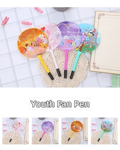 Detail of cartoon character fan pens in yellow, white, purple and blue for school stationery