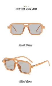 Detail view of jelly tea grey polygon sunglasses with a transparent double bridge frame