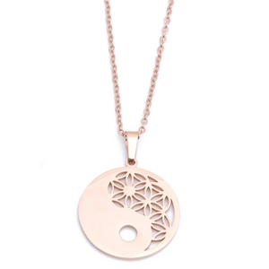 Minimalist rose gold stainless steel yin yang and flower of life pendant necklace
