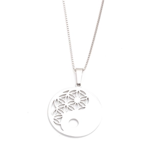 Silver stainless steel necklace featuring cutout Yin Yang and Flower of Life pendant details