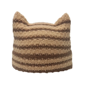 Cute knitted devil cat ear hat with brown and khaki stripes for women's winter fashion