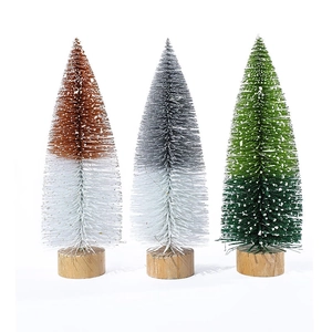 Three-piece set of mini glowing Christmas trees with glitter, snow effect, and wooden base