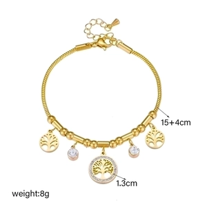Golden snake chain bracelet with tree of life hollow pendant and sparkling rhinestones