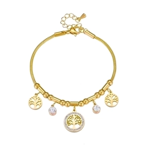 Gold tree of life charm bracelet with sparkling rhinestones and adjustable chain