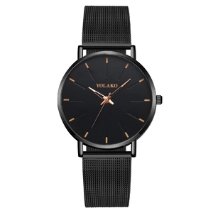 Minimalist men's black quartz watch with rose gold indices and Milanese mesh band