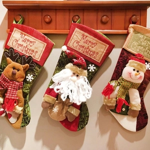 Christmas Stocking Burlap Gift Bag With Santa Snowman Reindeer Merry Christmas Embroidery Rustic Holiday Hanging Decor