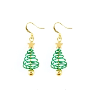Festive green Christmas tree drop earrings with golden stars and spherical pendants