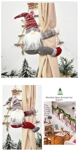 Detail of Christmas gnome curtain buckles with long limbs and plush white beards