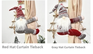 Detail of Christmas gnome curtain buckles in red and grey knitted patterns for festive decor