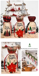 Detail of burlap Christmas wine gift bags with festive plaid, sequins, and drawstring