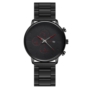 Men's stylish black steel chronograph watch with red hands and calendar display