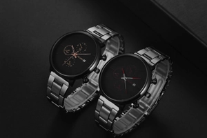 Detailed close-up of VOLAKO multi-function men's watches with black dials and steel bands
