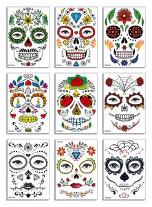Grid showing nine unique Halloween sugar skull temporary face tattoos for parties