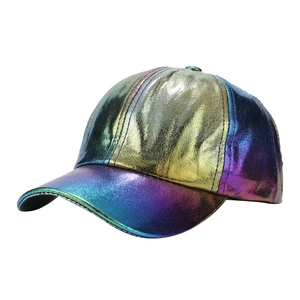 Iridescent laser PU baseball cap with holographic metallic finish and classic six-panel structure