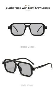 Detailed close-up of retro double-bridge sunglasses with black frame and light gray lenses