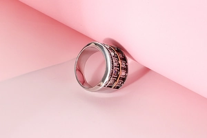 Detail view of 304 stainless steel ring with rose gold plating and inlaid cubic zirconia