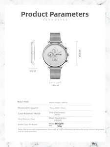 Detailed size and technical specifications for silver men's quartz mesh strap watch