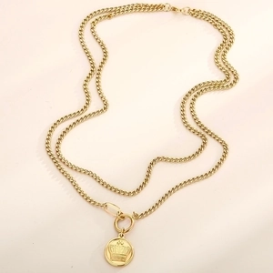 Vintage 18k gold plated double layer necklace with a circular crown pendant and cuban chain