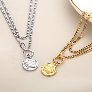 Retro 18k gold plated double layer Cuban chain necklace with round crown coin pendant