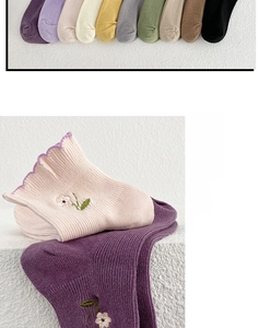 Detail of scalloped edge cotton socks with floral embroidery and soft breathable fabric