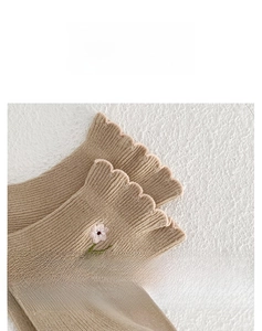 Detail of khaki knit socks showing elastic ruffled cuffs and white flower embroidery