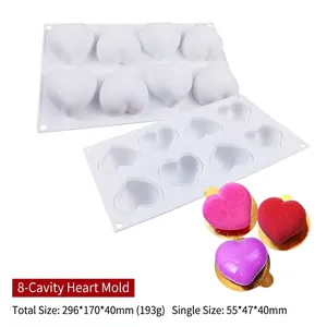 White 8-cavity heart silicone mold for mousse cakes with dimensions 296x170x40mm
