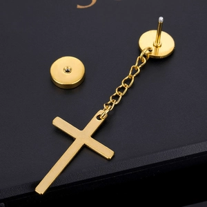 Elegant gold cross dangle hoop earrings with polished metal finish and religious style