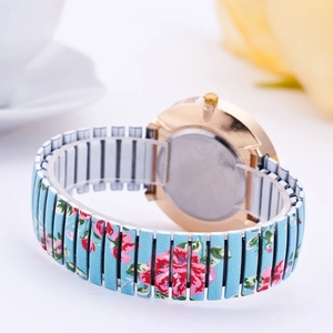 Geneva floral stretch band watch with rose gold case and light blue flower pattern