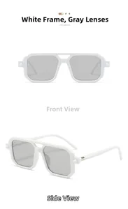 Close-up of retro double-bridge white polygon sunglasses with grey lenses and metal joints