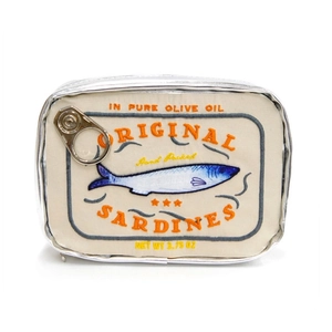 Detail of sardine tin shaped canvas bag with embroidered text and silver metal pull ring