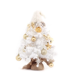 Miniature white flocked Christmas tree with gold ornaments and burlap base decoration