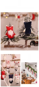 Close-up of colorful Christmas gnome ornaments with knit hats and faux fur beards