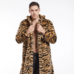 Men's luxury long faux fur tiger print coat with lapel collar for winter fashion