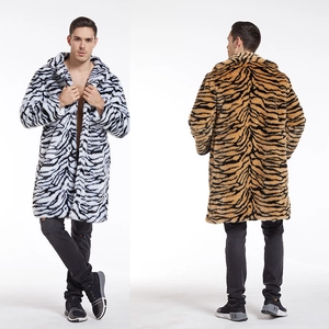 Men Faux Fur Coat Tiger Stripe Zebra Print Long Winter Warm Loose Lapel Outerwear Fashion Overcoat Luxury