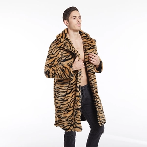 Men's faux fur tiger print long coat with lapel collar and winter warmth insulation