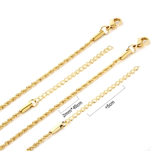 Macro detail of 2mm gold twisted rope chain featuring lobster clasp and extension link