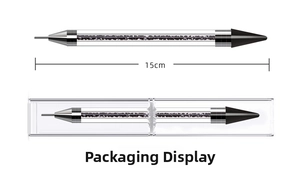 Detailed 15cm dual-ended nail art dotting wax pen and tweezers tool with black crystals