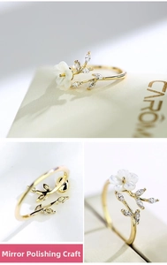 Detailed view of flower and leaf ring with mirror polishing process and shell petals