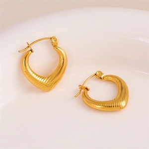 18K gold plated stainless steel heart hoop earrings with elegant ribbed texture finish