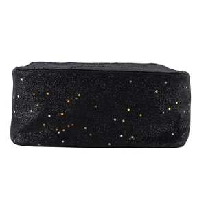 Close-up of black sequined bag featuring vibrant colorful star prints and neat edge stitching