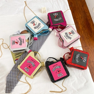 Detailed arrangement of sequined oil can crossbody bags in seven vibrant metallic colors