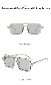 Detailed views of double-bridge polygon sunglasses in transparent gray with gray lenses