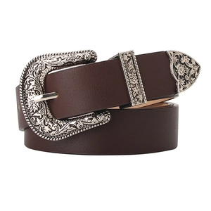 Classic dark brown leather belt with vintage floral engraved metal buckle for women