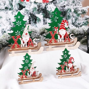 DIY wooden Christmas sleigh ornament with Santa gnome and XMAS letters for desk decoration