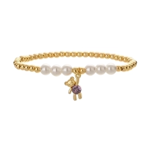 Elegant beaded bracelet with gold beads, white pearls and a purple gem 3D bear pendant