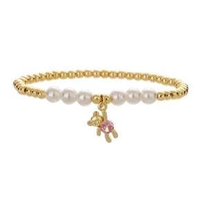 Elegant gold bead and pearl bracelet featuring a cute bear pendant with pink gemstone