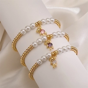 Fashion Gold Plated Copper Beaded Bracelet With White Imitation Artificial Pearl And Zircon Bear Bird Pendant Luxury Charm Jewelry