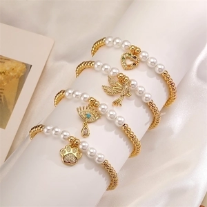 Beaded Bracelet Gold Plated Copper Beads White Imitation Artificial Pearl Cubic Zirconia Charm Heart Bird Evil Eye Cat Paw Jewelry