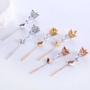 Stainless steel butterfly tassel earrings with matte finish and zircons in three colors