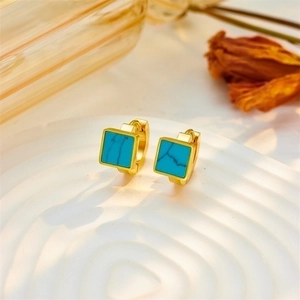 Square geometric turquoise hoop earrings in vintage gold plated stainless steel